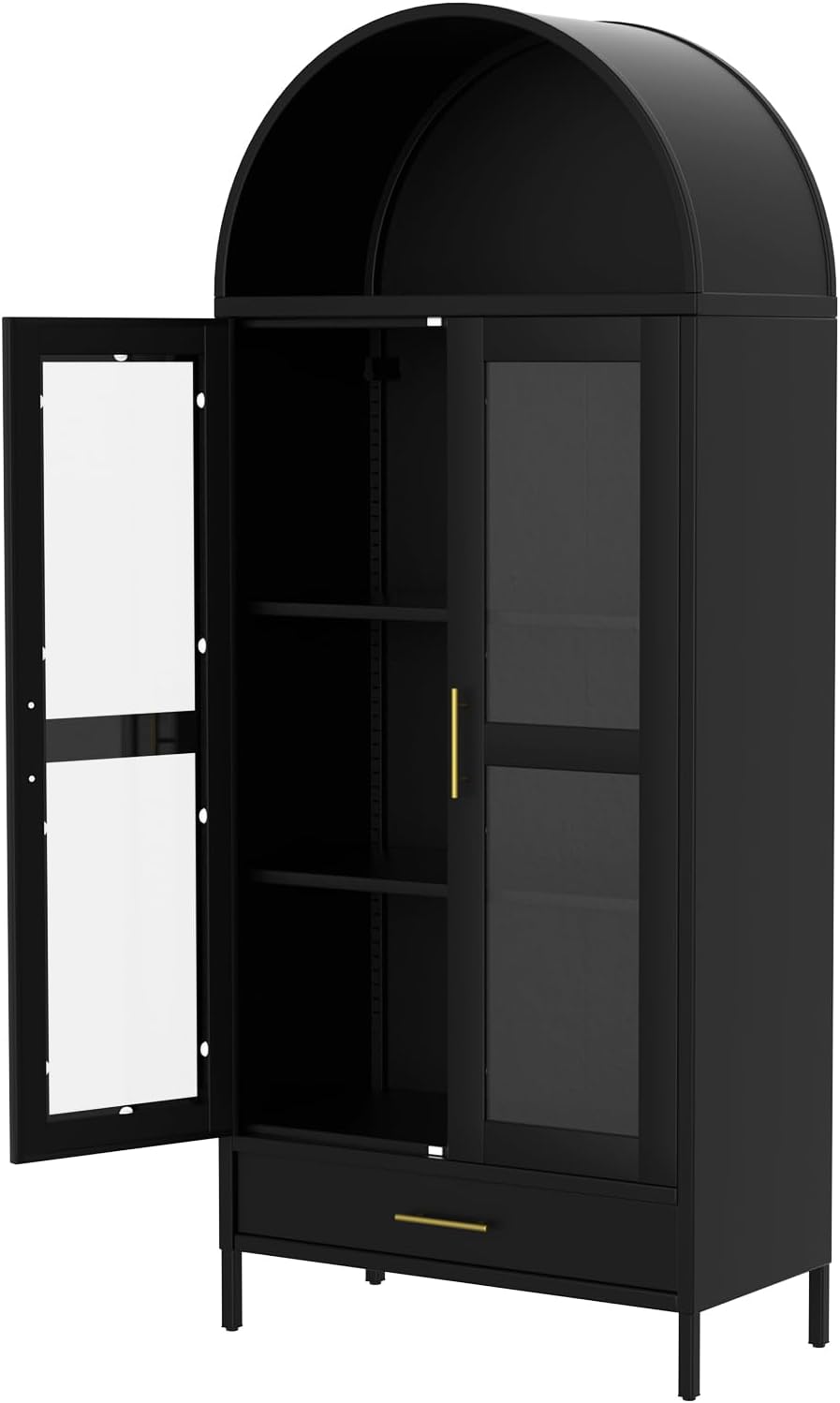 GarveeHome 73' Tall Arched Metal Storage Cabinet with Glass Doors & Drawer,Freestanding Pantry Cabinet with Adjustable Shelves, Modern Accent Bookshelf for Dining Room/Living Room, Black