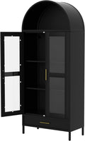 GarveeHome 73' Tall Arched Metal Storage Cabinet with Glass Doors & Drawer,Freestanding Pantry Cabinet with Adjustable Shelves, Modern Accent Bookshelf for Dining Room/Living Room, Black