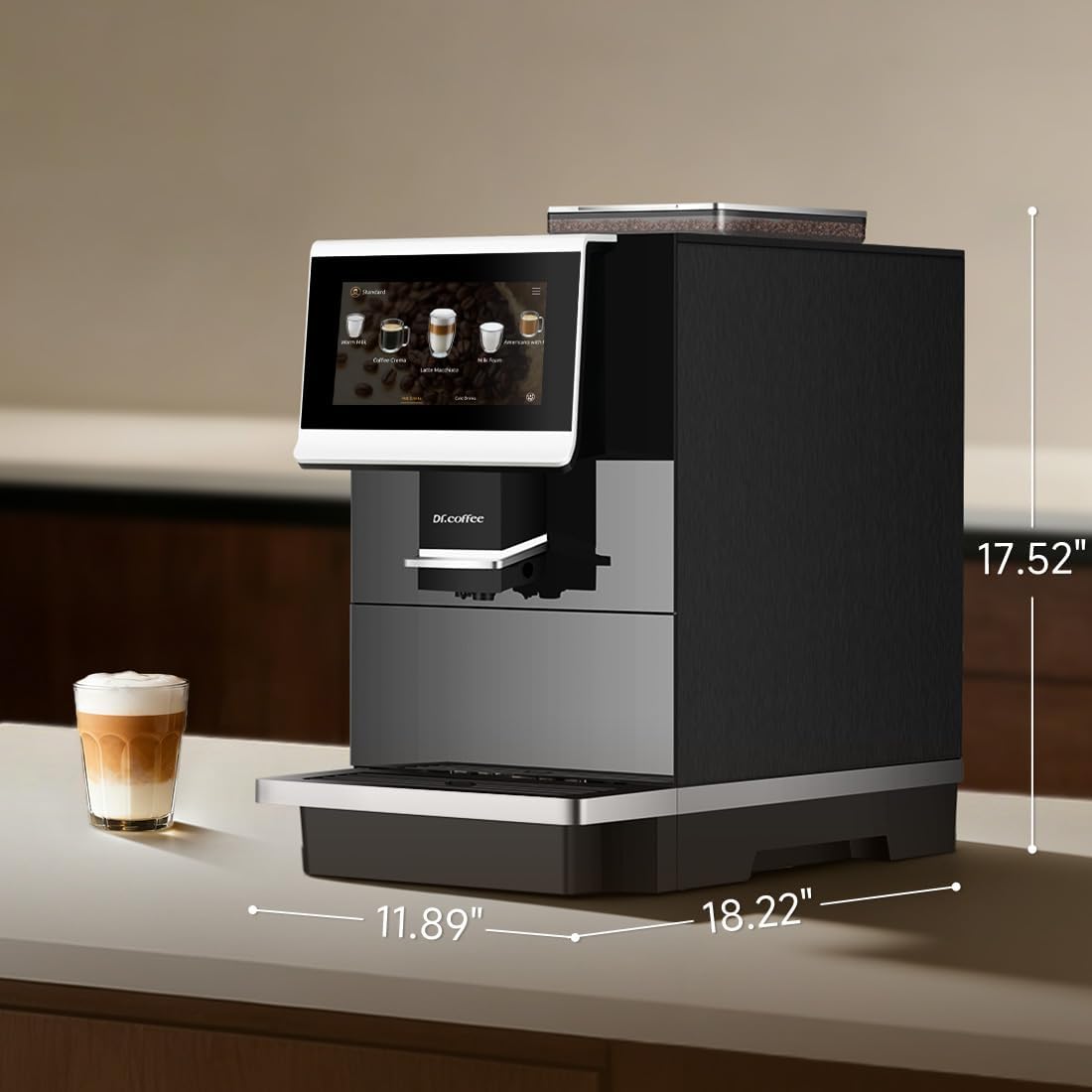 DR.COFFEE C12 Fully Automatic Coffee Machine, Espresso Machine With Ceramic Flat Burrs, 9 Grind Size Options, 7' HD Large Touchscreen, 4 Water Tank for Office Use