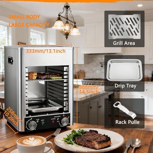 1700W Electric Steak Broiler - Smokeless Indoor Grill with Adjustable 10-Tier Rack & 10 Slots - Versatile Stainless Steel BBQ Oven for Family Cooking, Indoor BBQ, and Perfect Steaks