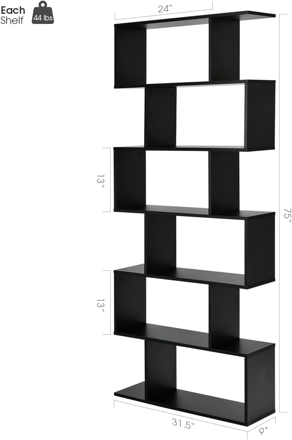 Giantex Geometric Bookcase Set of 2, S-Shaped Wooden Bookshelf, 6-Tier Modern Freestanding Decorative Storage Display Shelves for Bedroom, Living Room (2, Black)