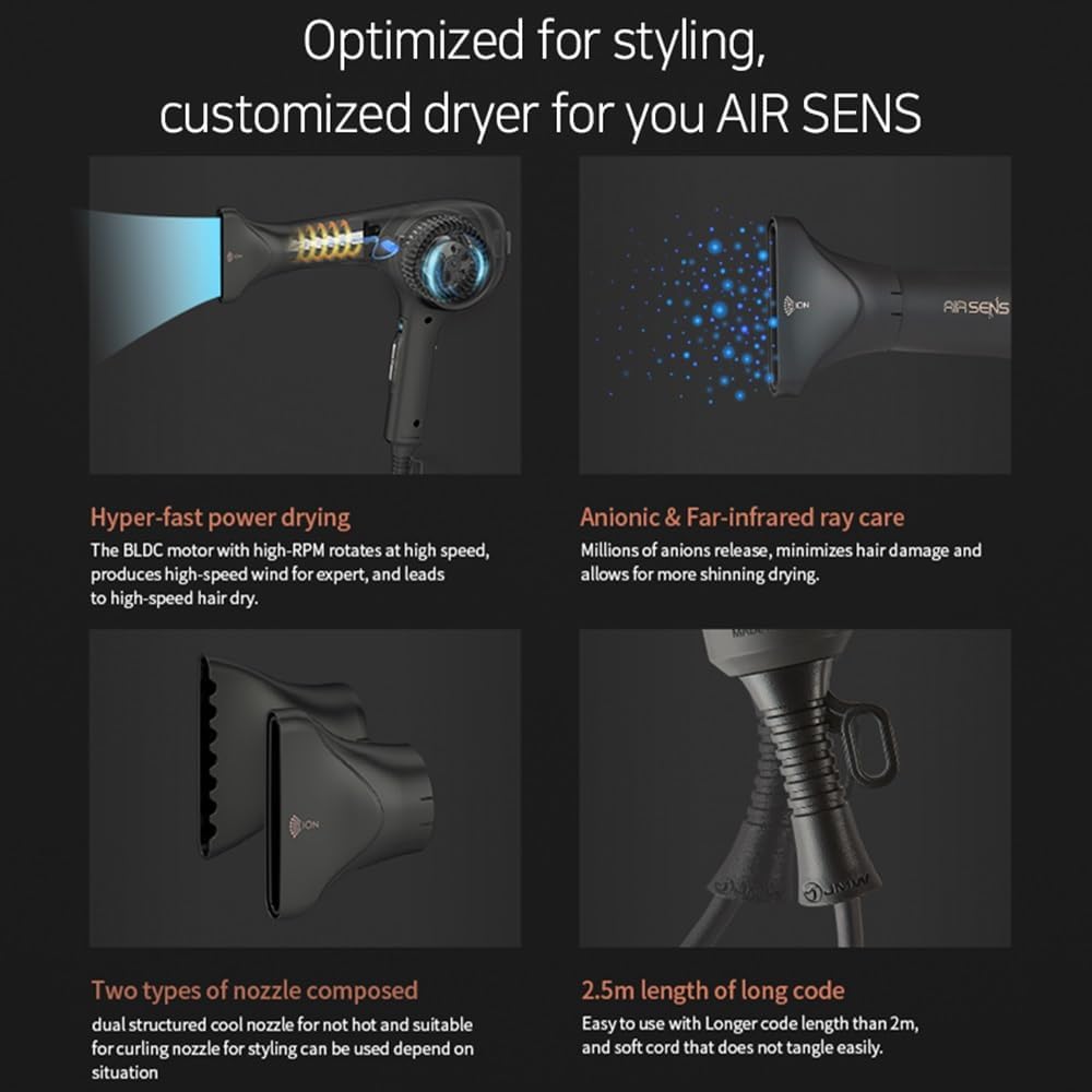 JMW Korean Professional Salon Hair Dryer AIR Sense I 15 Winds-3 Heat X 5 Speed Mix, 2 Nozzles & Dryer Stand, Upgrade BLDC Motor, 100% Cool Shot, Smart Memory, Fast Drying, Quiet and Long-Lasting