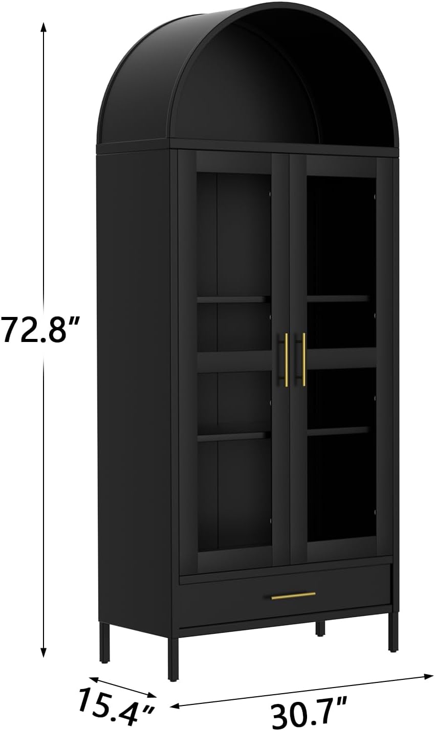 GarveeHome 73' Tall Arched Metal Storage Cabinet with Glass Doors & Drawer,Freestanding Pantry Cabinet with Adjustable Shelves, Modern Accent Bookshelf for Dining Room/Living Room, Black