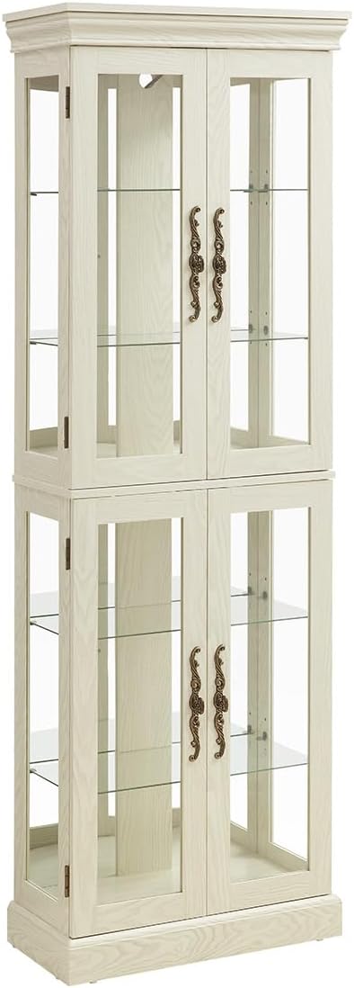 Lighted Glass Curio Cabinet with Lights & Adjustable Shelves,White Corner Curio Display Cabinet with Wood Frame (Free Standing,Light Bulb Include)