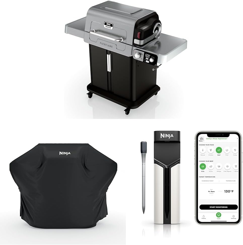 Ninja FlexFlame, Starter Bundle, Electric & Propane Grill 5-in-1 Cooking System, Includes FlexFlame Premium Grill Cover and ProChef Wireless Probe for Indoor & Outdoor Cooking, US Only