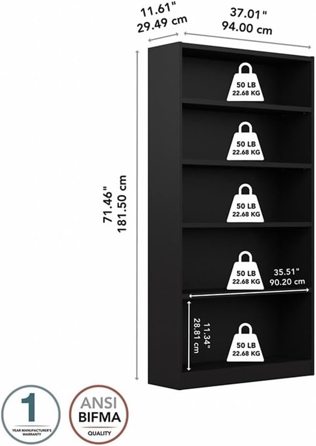 Bush Home Tall 5 Shelf Bookcase, 5 Tier Bookshelf Storage Cabinet with Adjustable Shelves for Living Room, Bedroom or Home Office, Universal Collection, Black