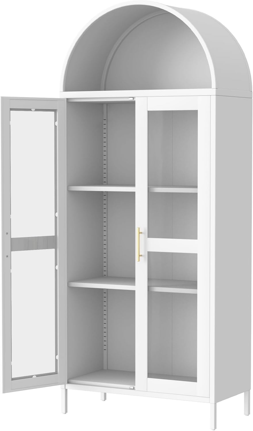 GarveeHome Modern Arched Metal Cabinet with Glass Doors & 2 Adjustable Shelves, 31'x15'x73'，Freestanding Pantry Storage for Kitchen/Dining/Living Room – Contemporary Display Organizer, White
