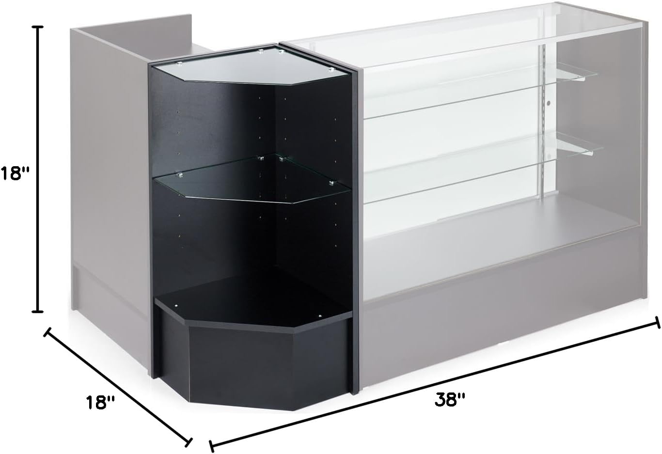 Black Melamine Corner Display Unit, with 2 Tempered Glass Shelves, to Stand Alone Or Within A Display Configuration