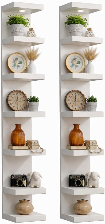 7-Tier Floating Wall Shelf with LED Lights – White Modern Display Shelving Unit with Remote Control – Wall Mounted Bookshelf for Living Room, Bedroom, or Office Decor (2)