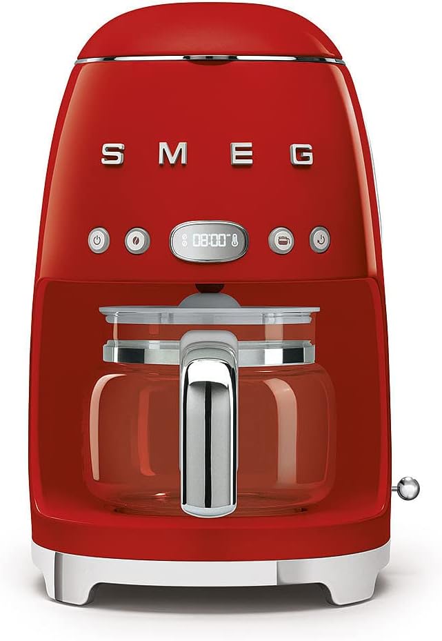 Smeg DCF02RDUK Drip Coffee Machine, Auto-Start Mode, Reuseable Filter, Digital Display, Anti-Drip System, Aroma Intensity Option, 1.4 Litre Tank, Red