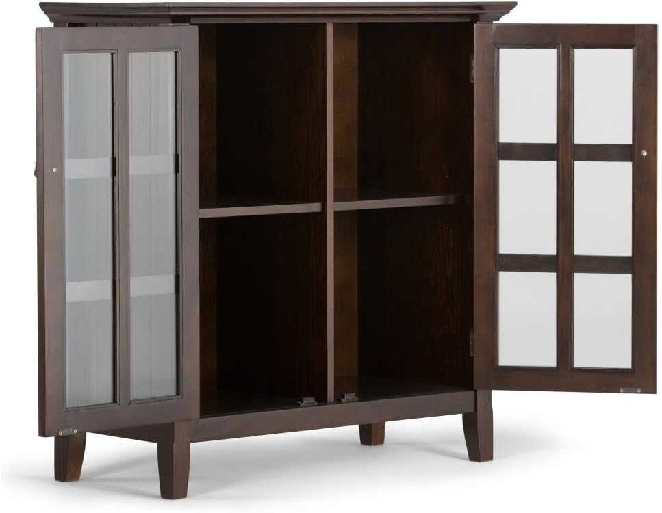 SIMPLIHOME Acadian Storage Cabinet - 35 inch Wide Solid Wood Low Storage Cabinet in Brunette Brown, Transitional Cabinet for Living Room or Entryway with Glass Doors and Adjustable Shelves