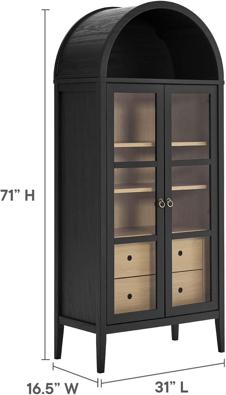 Modway Nolan Modern Farmhouse 71 Inch Tall Arched Storage Display Cabinet in Black Oak