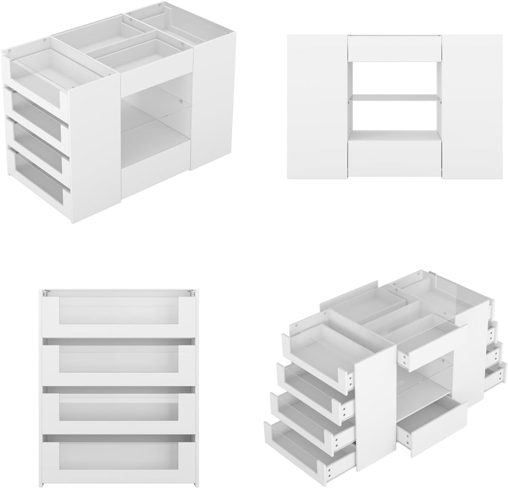 LIVAUVEAD Closet Island with Drawers, Wardrobe Armoire Bedroom Island, Glass Display Shelf & 12 Drawers, White Dresser with Glass Top, Walk-in Closet Island for Bedroom, Cloakroom