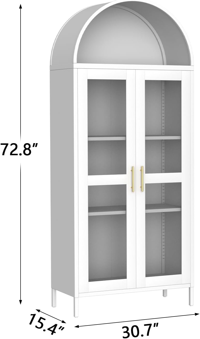 GarveeHome Modern Arched Metal Cabinet with Glass Doors & 2 Adjustable Shelves, 31'x15'x73'，Freestanding Pantry Storage for Kitchen/Dining/Living Room – Contemporary Display Organizer, White
