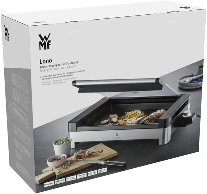 WMF Lono Elektro Tischgrill mit Glasdeckel, Indoor Grill, Tischgrill elektrisch mit Deckel, beschichtete Grillplatte, 2200 Watt, edelstahl matt