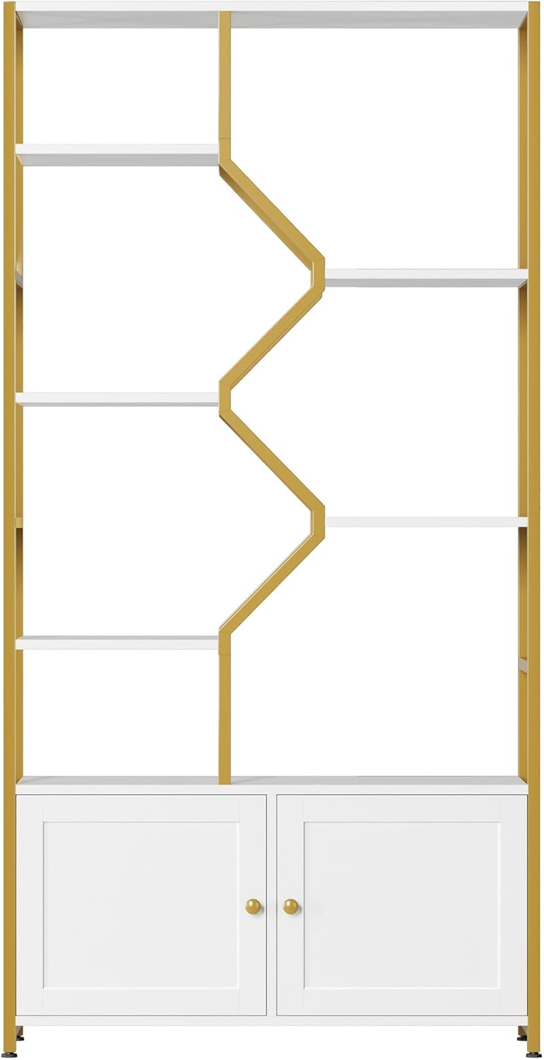 Keyluv 76' Tall Gold Bookshelf with Cabinet Storage, Multifunctional Open Display Bookcase with Door, Large Book Shelf Organizer for Living Room, Home, Office, Heavy Duty Metal & Wood, Modern White