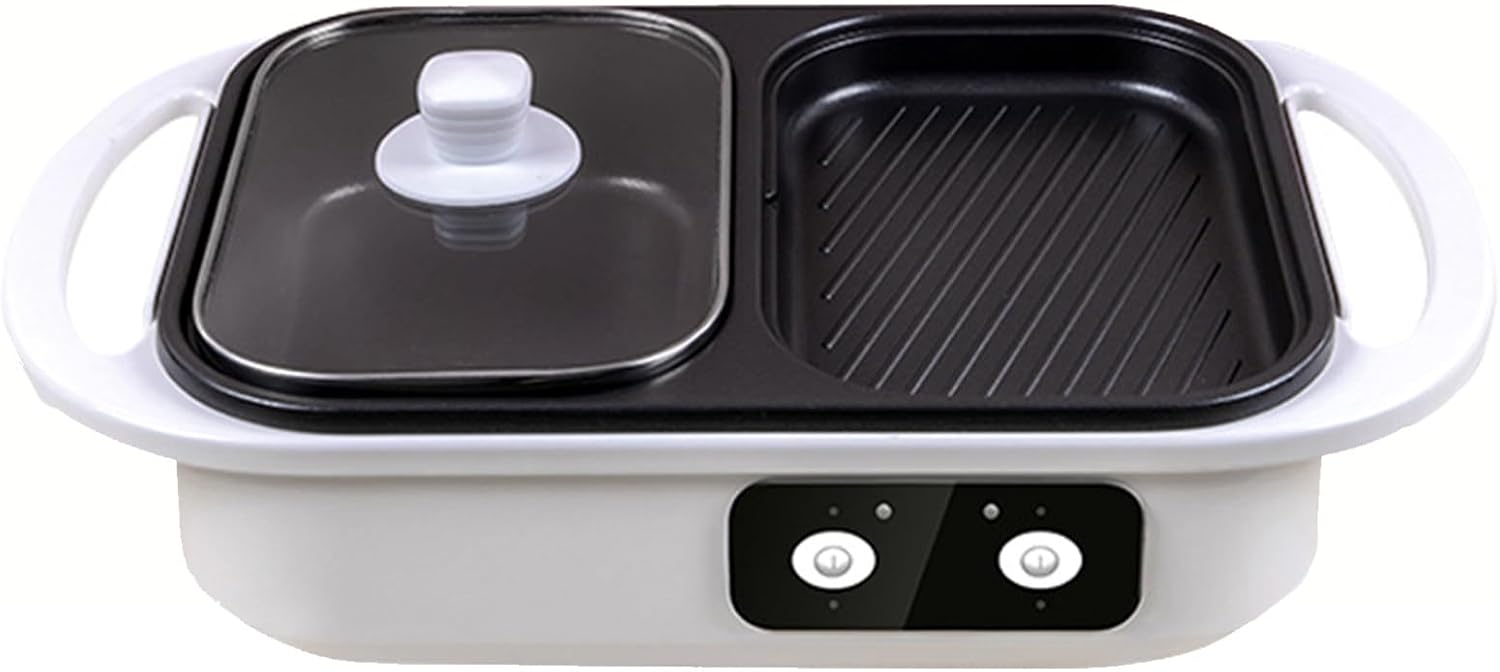 Electric Hot Pot Barbecue Pot, Shabu Pot BBQ Contact Grills with Dual Disc Design, Food Barbecue Grill Skillets for Family Gatherings, Double Temperature Control 1300W,white
