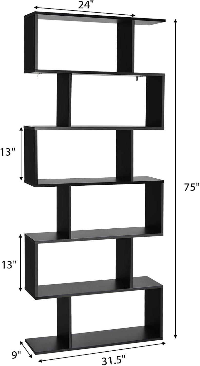 Tangkula 6-Tier Geometric Bookcase, Modern S-Shaped Storage Display Bookshelf for Living Room, Anti-Toppling Device, Home Office Wooden 6 Shelf Open Bookcase (2, Black)