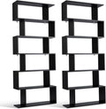 Tangkula 6-Tier Geometric Bookcase, Modern S-Shaped Storage Display Bookshelf for Living Room, Anti-Toppling Device, Home Office Wooden 6 Shelf Open Bookcase (2, Black)