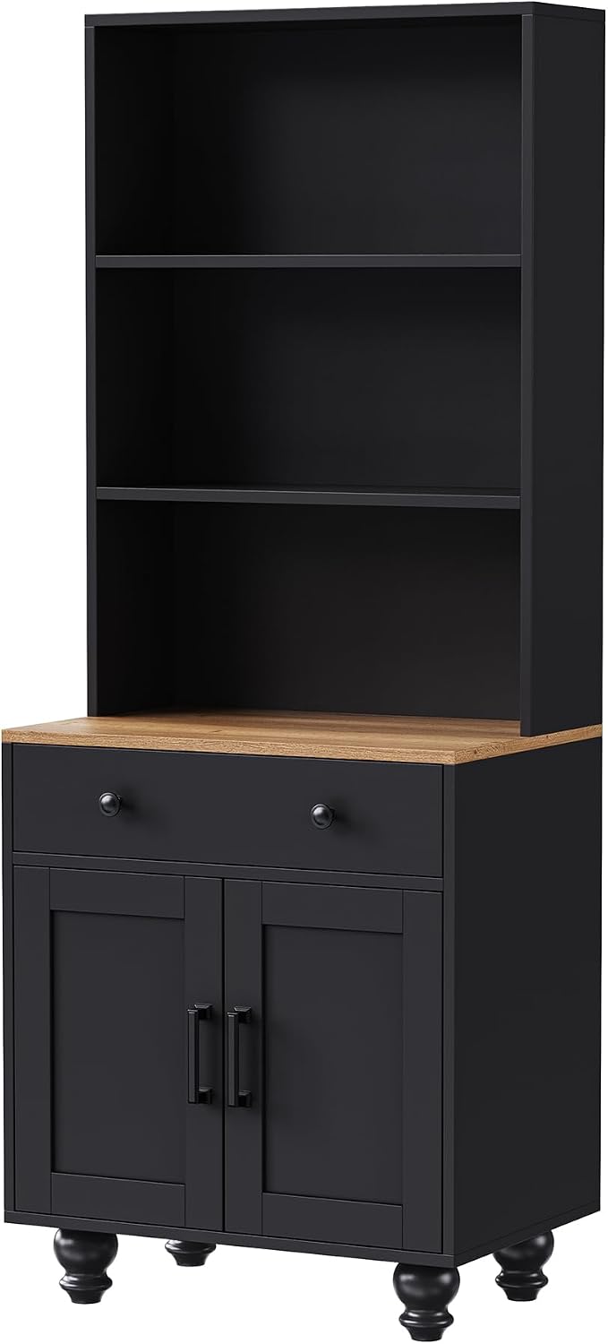 JOSHEN 63' Farmhouse Wood Grain & Solid Gourd Legs Showcase Cabinet, Display Case with Adjustable Shelves, Lego Display Shelves with Anti-Tip Kit & Drawer for Living Room, Kitchen, Black+Natural