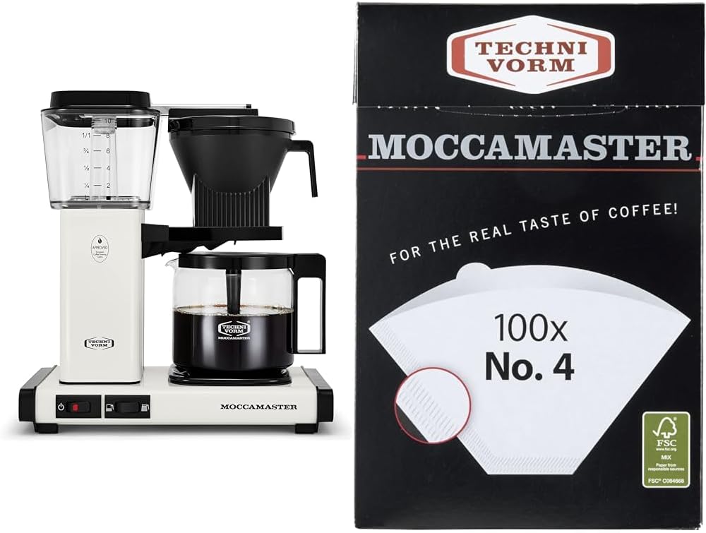 Moccamaster 53933 KBGV Select 10-Cup Coffee Maker, Off-White, 40 ounce, 1.25l & #4 White Paper Filters, 100-count per box