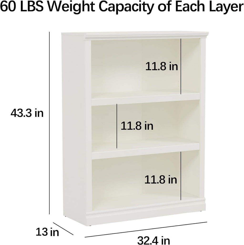 Bevfint 43 in Tall Bookcase, 3-Tier Bookshelf Open Storage, 33 inch Wide Floor Standing Indoor Furniture, Book Cases for Home School Library Office Bedroom Kids, White 3 Tiers