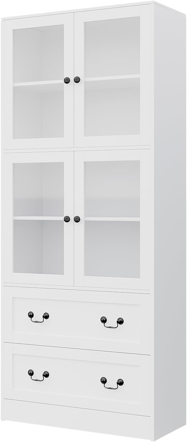 VOWNER 78.7' H Bookcase with Glass Doors, 4-Tier Bookshelves with 2 Drawers, Modern Display Storage Cabinet for Home Office, Living Room, White