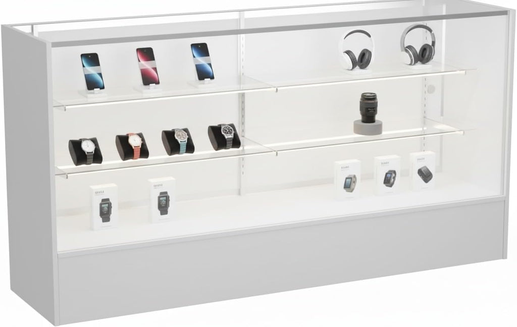 WISDOMFUR Full Vision Display Cabinet – 72' Glass Showcase with LED Light, Adjustable Shelves, Locking Sliding Doors – Retail Display Counter with White Wood Base