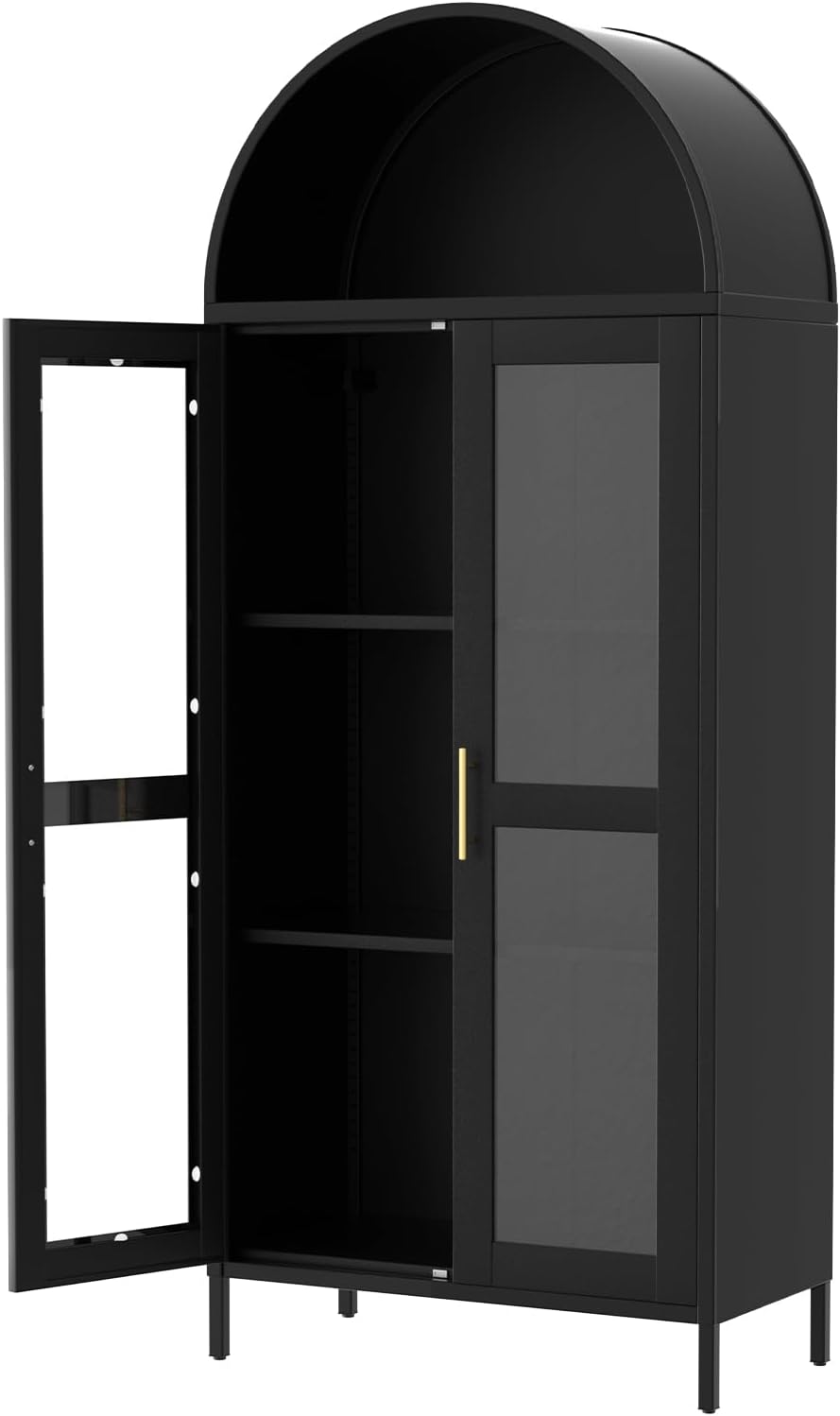 GarveeHome 73' Tall Arched Cabinet with Glass Doors & Adjustable Shelves，Modern Farmhouse Pantry Storage, Display Bookshelf for Kitchen/Dining/Living Room – Freestanding Organizer, Black