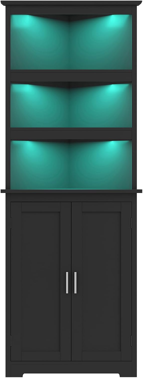 TEENFON Corner Cabinet, Tall Corner Hutch with 5 Shelves & 2 Doors, Bathroom Cabinet with Adjustable Shelf, for Living Room, Kitchen, Bathroom, Black