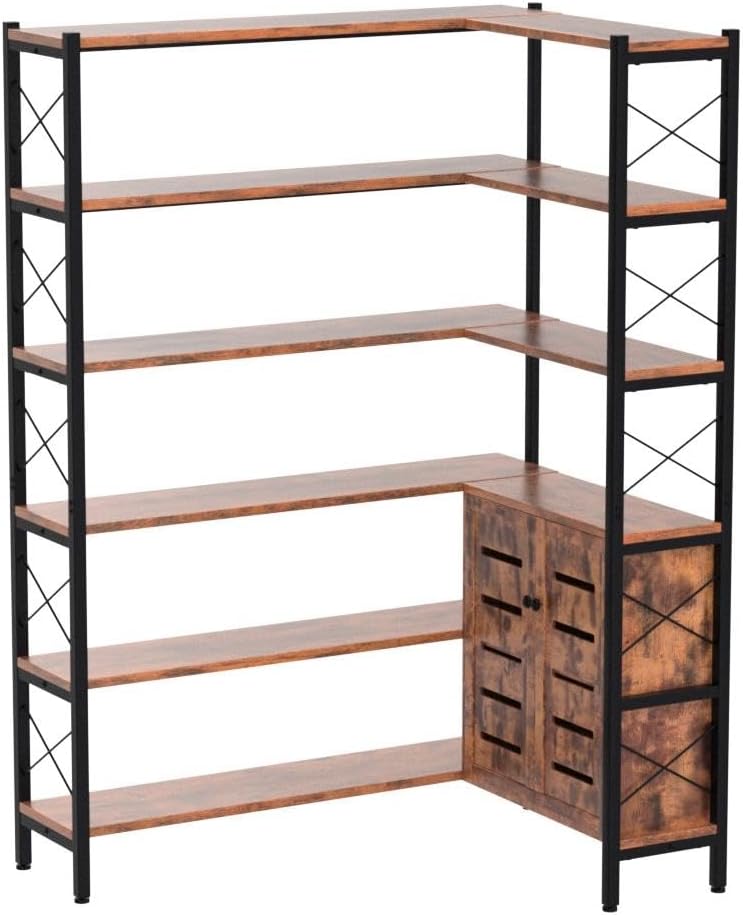 Wildhome 6-Shelf Corner Bookshelf, Vintage Industrial Corner Shelf Etagere Bookcase, Large Book Shelf with Metal Frame Open Storage Corner Cabinet (Brown-Lockers)