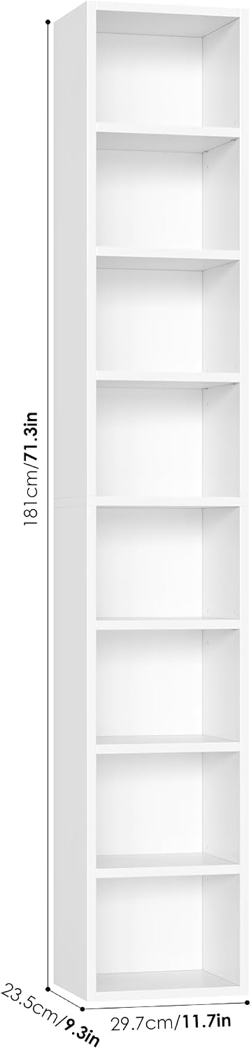 FOTOSOK 2 Pcs 71'' Tall Narrow Bookshelf, 8-Tier Media Tower Rack Set of 2, CD DVD Storage Cabinet with Adjustable Shelves, Tall Narrow Bookcase Skinny Display Bookshelf Slim Shelf, White