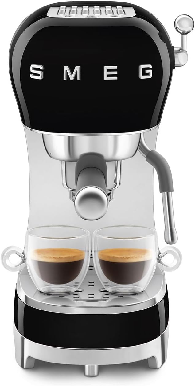 Smeg Manual Espresso Machine with Steam Wand, 15 Bars of Pressure, Stainless Steel Porta Filter, Passive Cup Warmer, User Friendly Controls, and Measuring Scoop Tamper Made in Italy (Black)