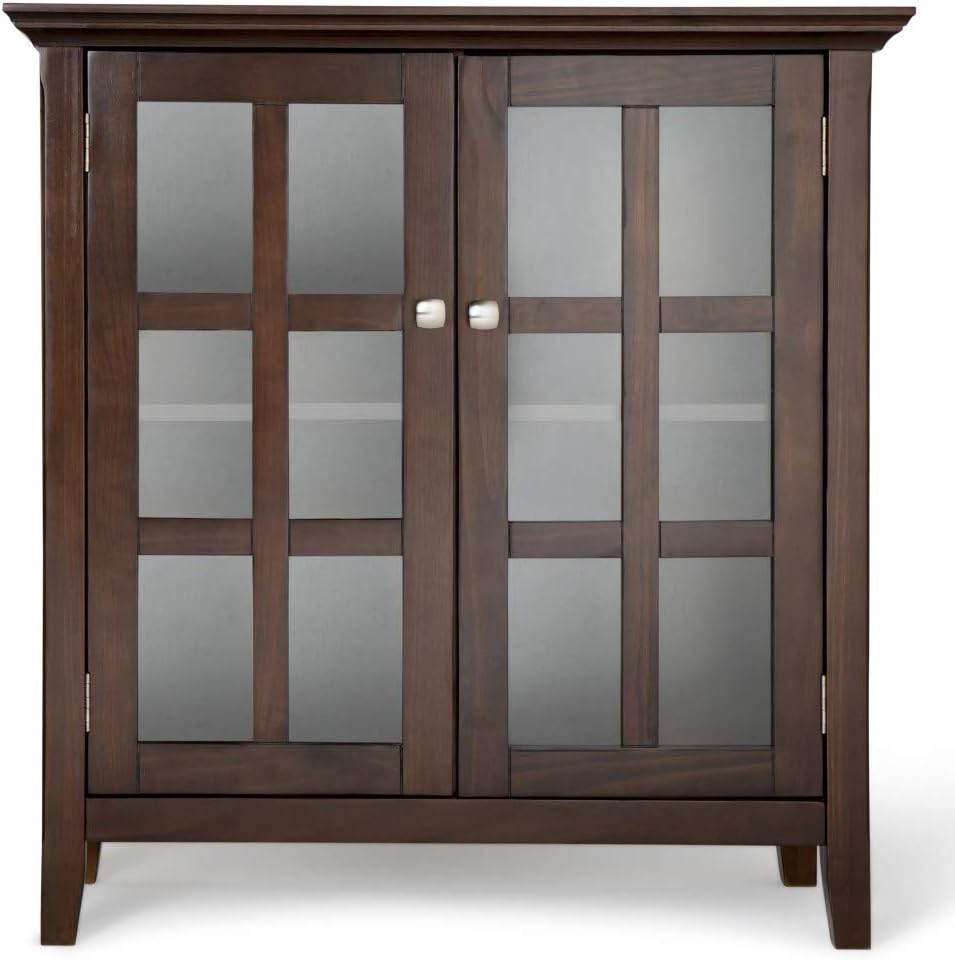 SIMPLIHOME Acadian Storage Cabinet - 35 inch Wide Solid Wood Low Storage Cabinet in Brunette Brown, Transitional Cabinet for Living Room or Entryway with Glass Doors and Adjustable Shelves