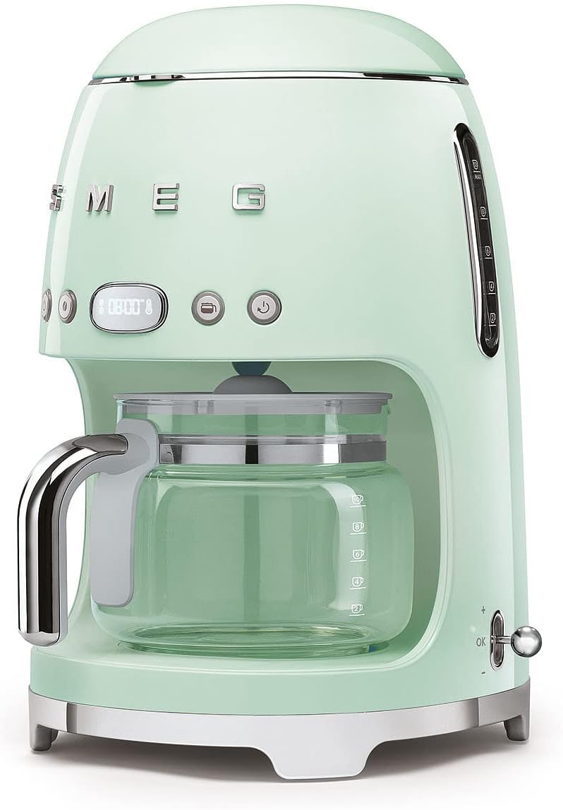 Smeg DCF02PGUK Drip Coffee Machine, Auto-Start Mode, Reuseable Filter, Digital Display, Anti-Drip System, Aroma Intensity Option, 1.4 Litre Tank, Pastel Green