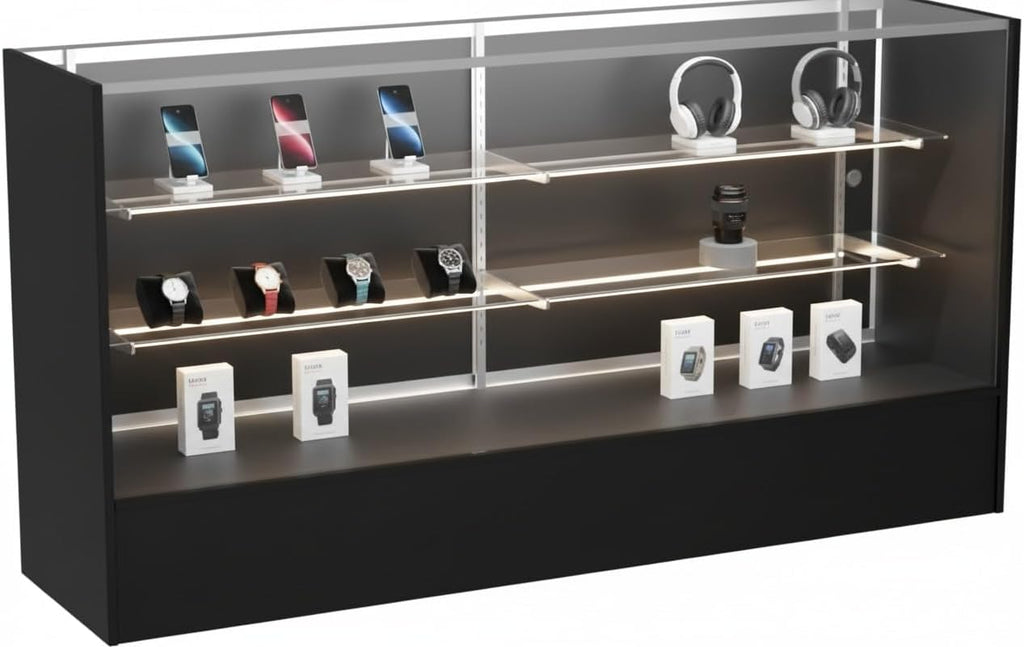 WISDOMFUR Full Vision Display Cabinet – 72' Glass Showcase with LED Light, Adjustable Shelves, Locking Sliding Doors – Retail Display Counter with Black Wood Base