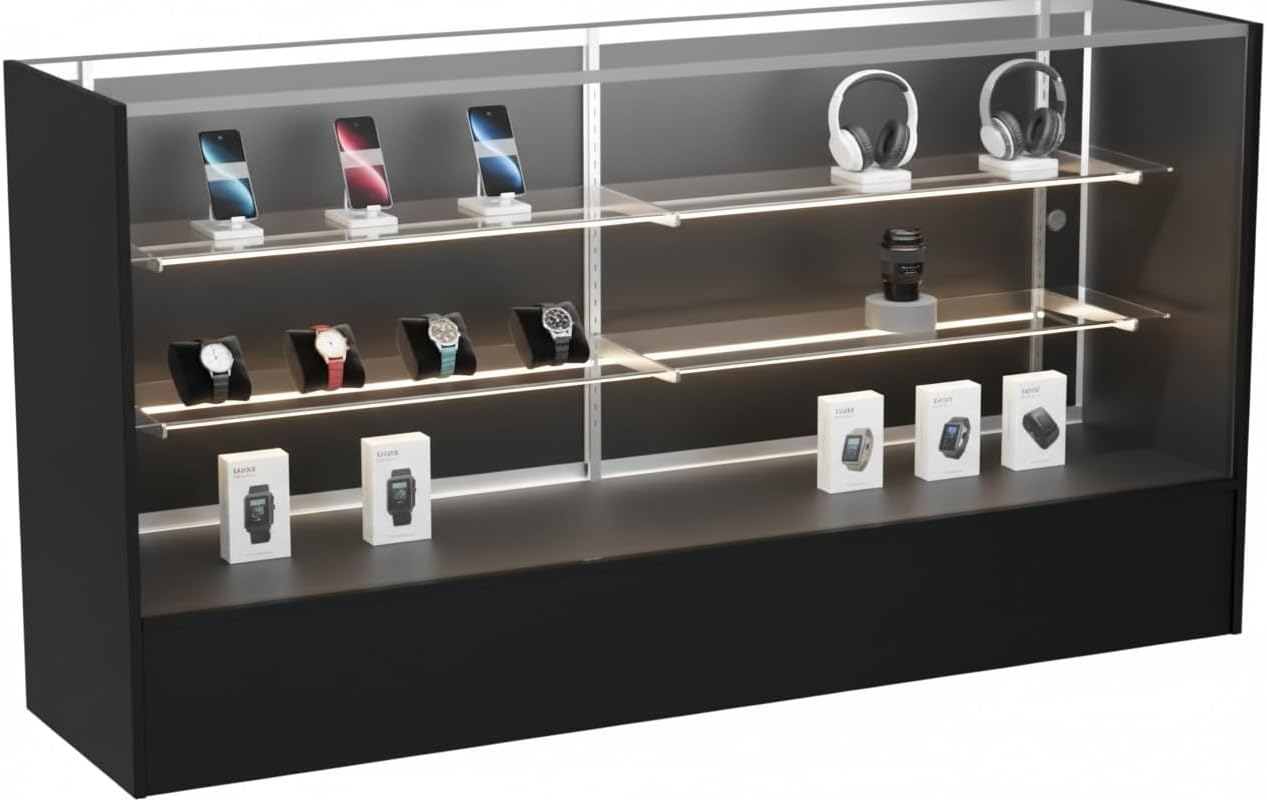 WISDOMFUR Full Vision Display Cabinet – 72' Glass Showcase with LED Light, Adjustable Shelves, Locking Sliding Doors – Retail Display Counter with Black Wood Base