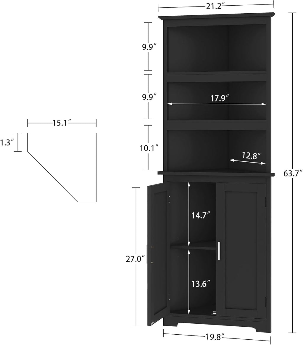TEENFON Corner Cabinet, Tall Corner Hutch with 5 Shelves & 2 Doors, Bathroom Cabinet with Adjustable Shelf, for Living Room, Kitchen, Bathroom, Black