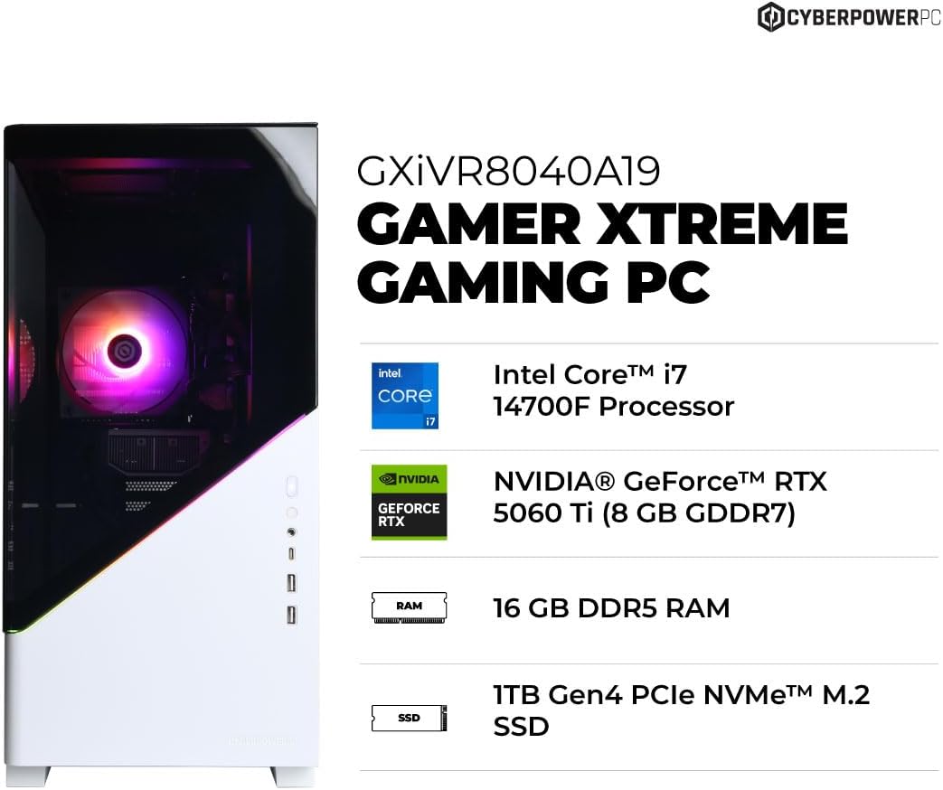 CyberPowerPC Gamer Xtreme Gaming PC, Intel Core i7-14700F 2.1GHz, GeForce RTX 5060 Ti 8GB, 16GB DDR5, 1TB PCIe 4.0 SSD, WiFi Ready & Windows 11 Home (GXiVR8040A19)