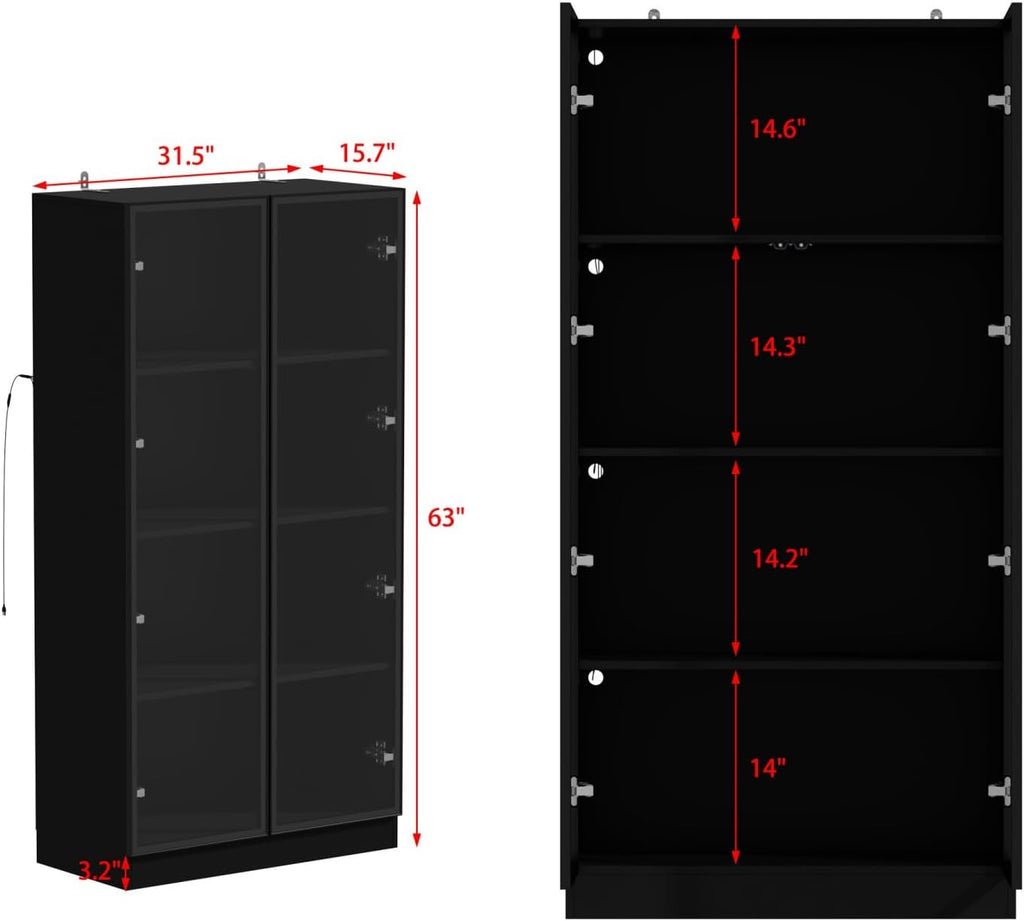 Display Cabinet with Lights, Glass Cabinet with Doors and 4 Tier Shelves, Bookcase Display Case for Collectible, Living Room Office, Black 31.5'W x 15.7'D x 63'H