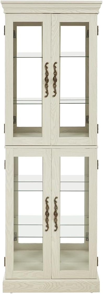 Lighted Glass Curio Cabinet with Lights & Adjustable Shelves,White Corner Curio Display Cabinet with Wood Frame (Free Standing,Light Bulb Include)