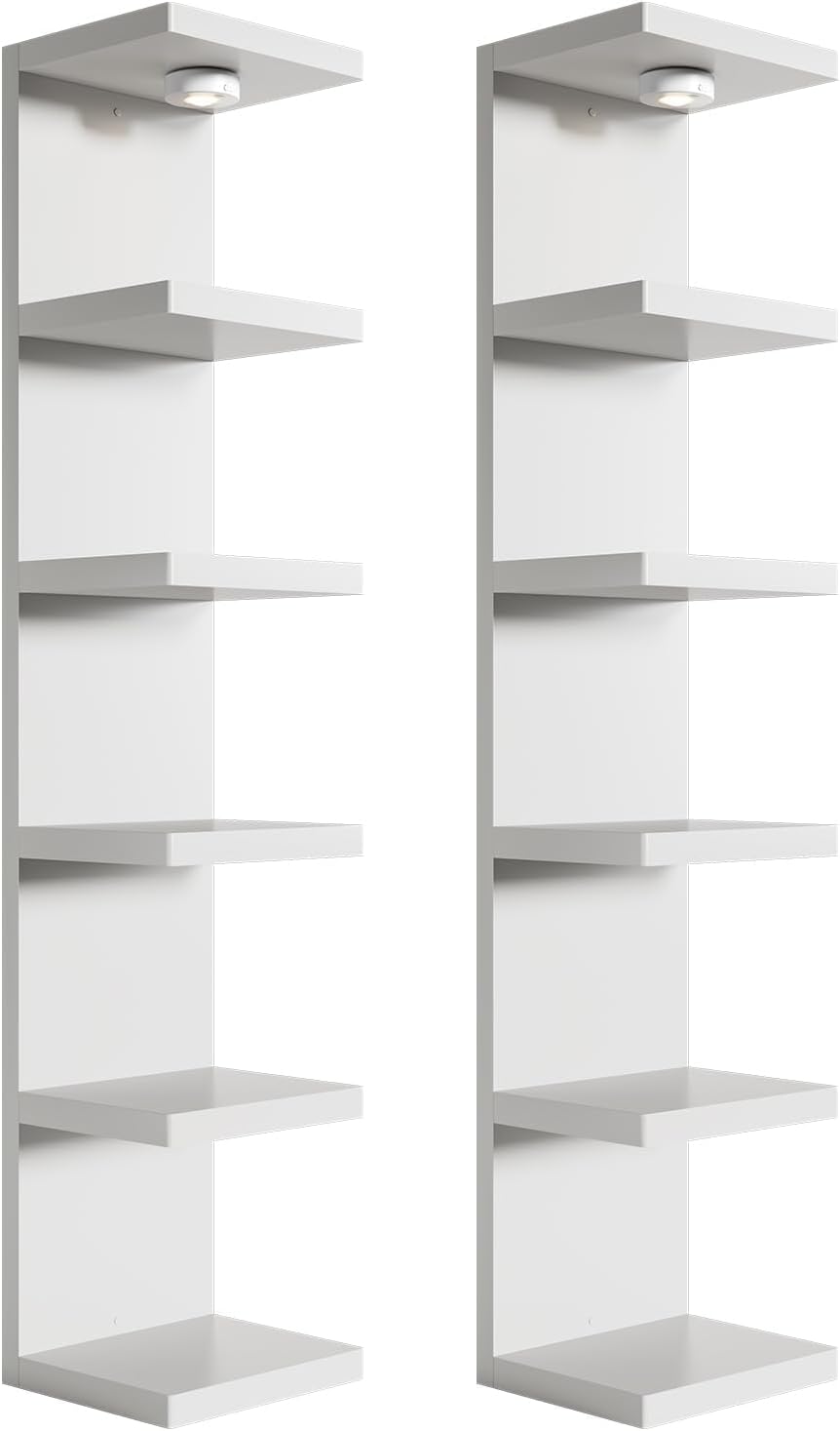2 Pack 6-Tier Vertical Wall Shelf Unit with USB Rechargeable Led Light (Remote Controlled),Versatile Floating Display Shelves,Lack Style Wall Shelves for Bedroom,Living Room,Office Decor,Vanity-White