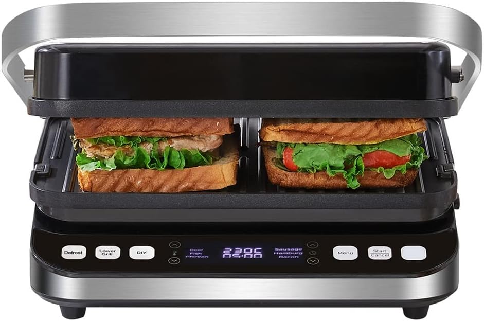 Electric Contact Grill Digital Griddle And Press, Optional Waffle Maker Plates, Opens 180 Degree Barbecue