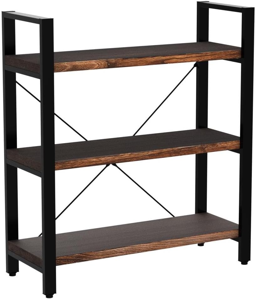 WH-AOERPUMY Natural Real Solid Wood Bookcase,3 Tier Metal and Wood Open Book Shelf Storage Farmhouse Wide Etagere Bookcase for Office Living Bedroom