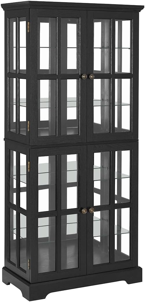 Lighted Glass Curio Cabinet with Lights & Adjustable Shelves,Curio Display Cabinet with Wood Frame & Glass Door,Corner Antique Display Case for Kitchen,Living Room,Office