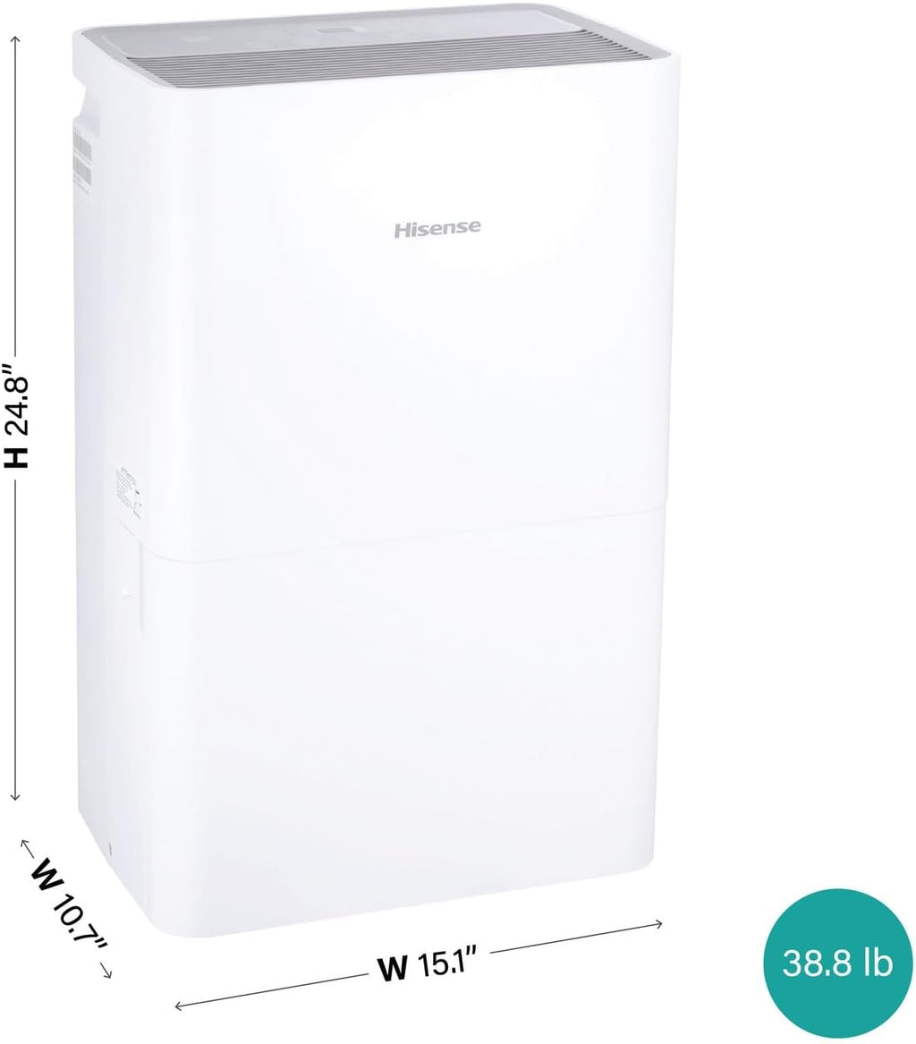 Hisense Energy Star 50-Pint Portable Dehumidifier with Auto-Shutoff and Timer, Home Dehumidifier and Moisture Absorber For Basement, Garage, Living Room in White