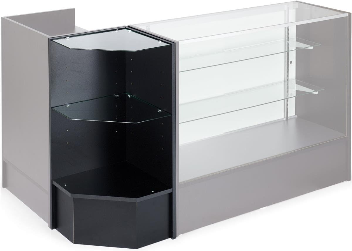 Black Melamine Corner Display Unit, with 2 Tempered Glass Shelves, to Stand Alone Or Within A Display Configuration