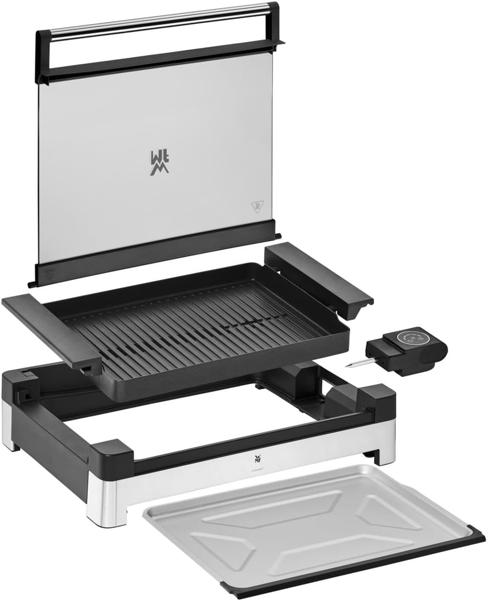 WMF Lono Elektro Tischgrill mit Glasdeckel, Indoor Grill, Tischgrill elektrisch mit Deckel, beschichtete Grillplatte, 2200 Watt, edelstahl matt