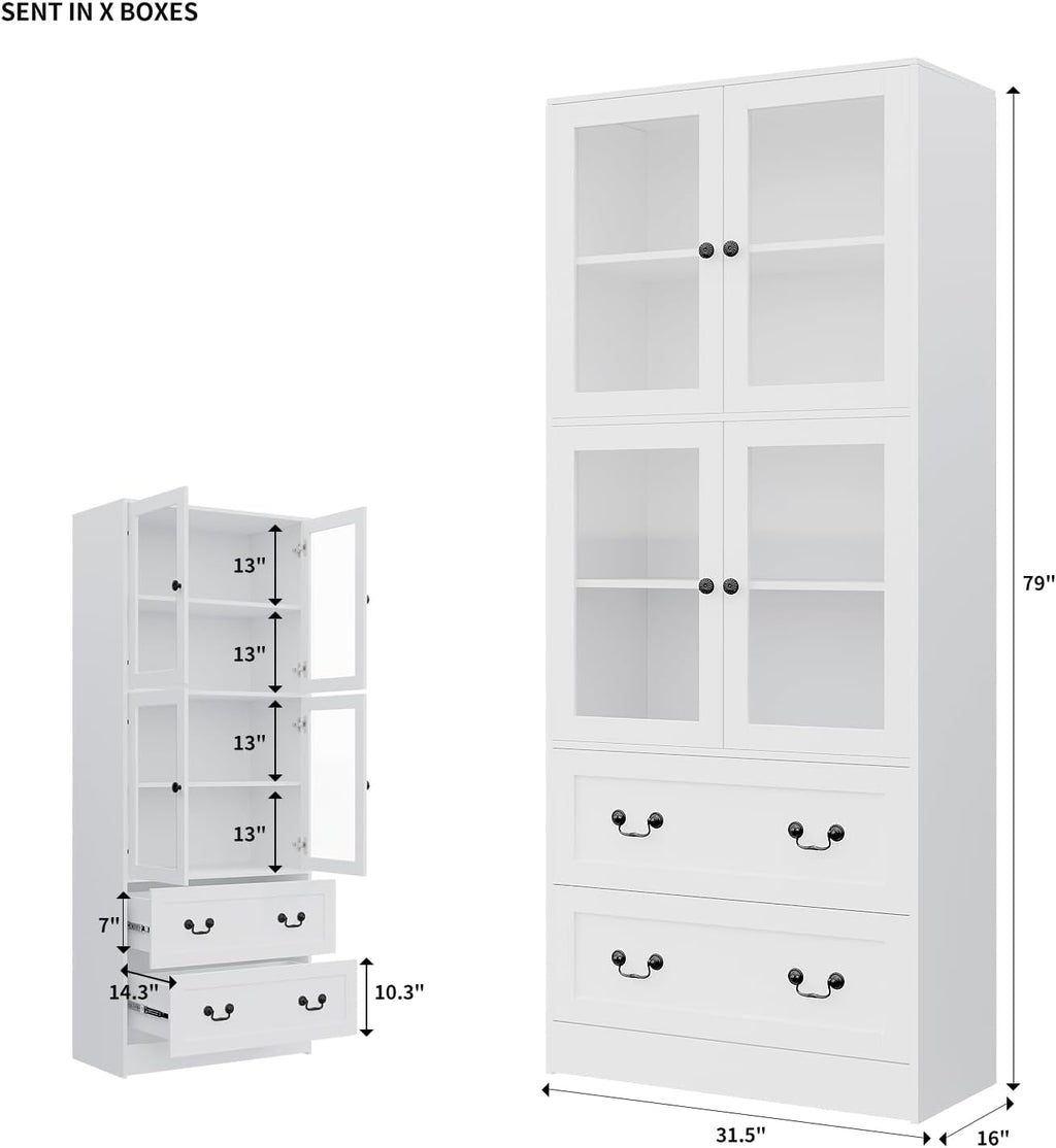 VOWNER 78.7' H Bookcase with Glass Doors, 4-Tier Bookshelves with 2 Drawers, Modern Display Storage Cabinet for Home Office, Living Room, White