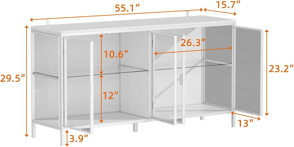 Display Cabinet with Glass Doors & LED Lights, Sideboard Buffet with Glass Shelves & Metal Frame, for Living Room White, 55.1'W x 15.7'D x 29.5'H